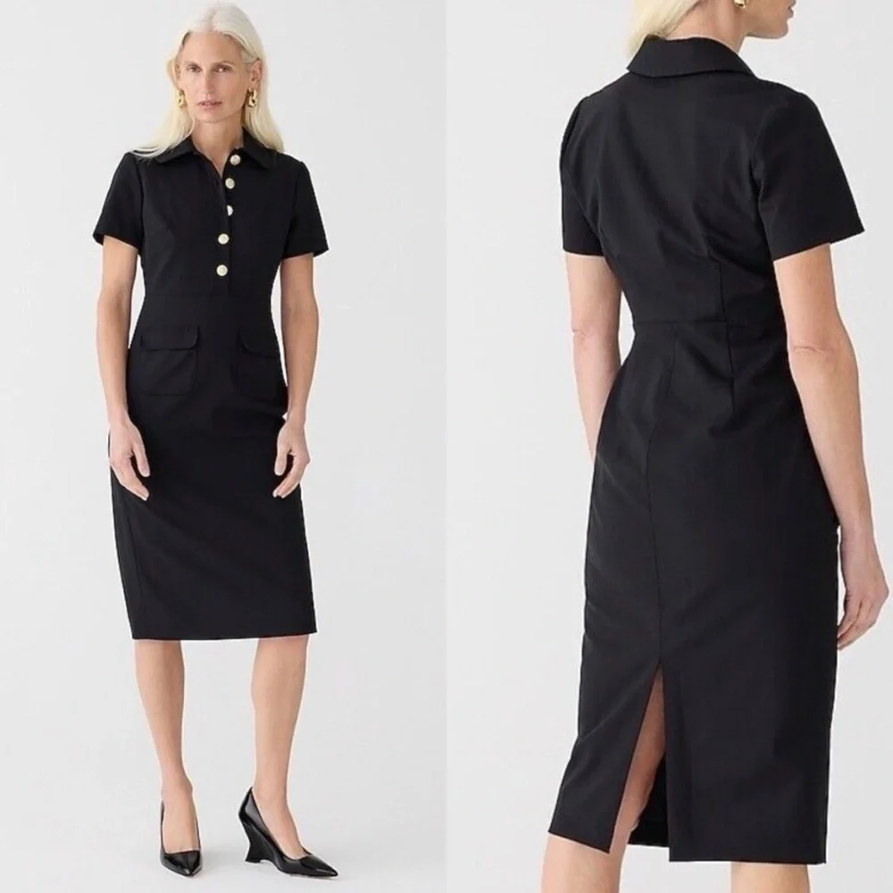 J. Crew Italian wool collared sheath dress bi stretch black‎ gold buttons